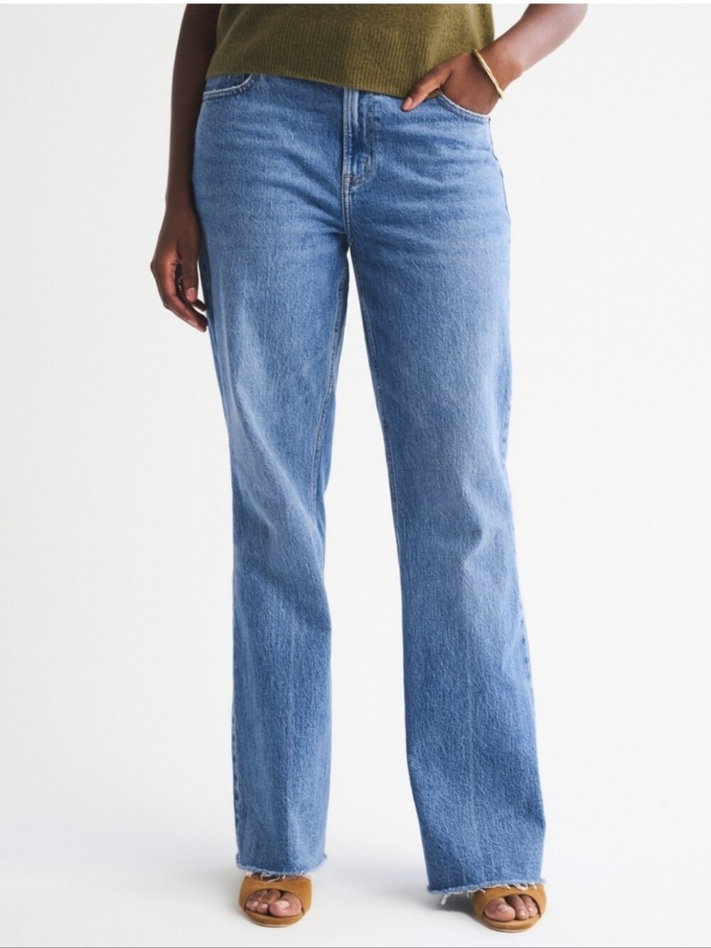 Abercrombie & Fitch High Rise Flare Jean, Medium Wash Raw Hem, 29L